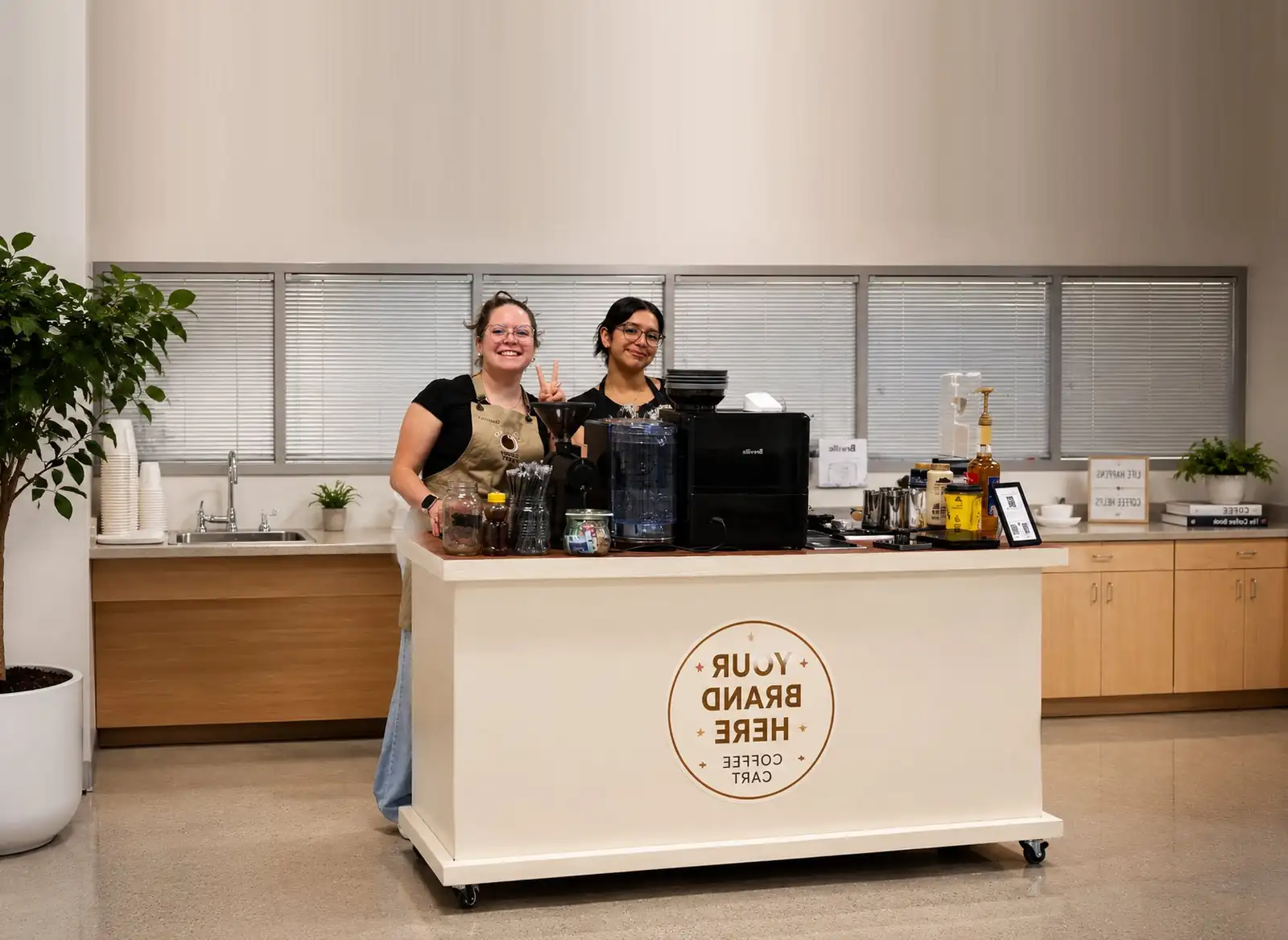 Cool Beans mobile coffee cart set up for a corporate event, with baristas serving handcrafted drinks