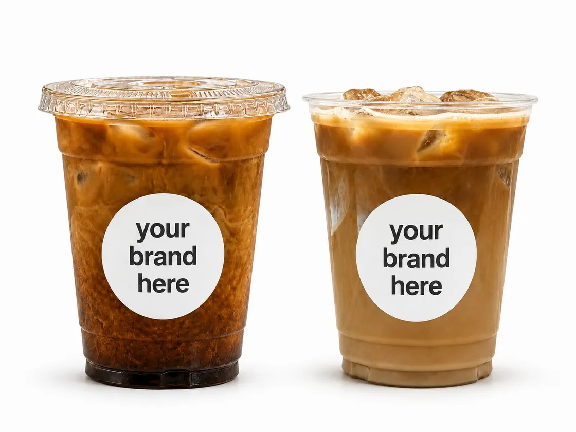 Two iced coffees with custom branded cup labels